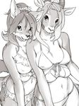  breasts canine duo female fox gazelle greyscale horn kikurage looking_at_viewer mammal midriff monochrome multi_breast swimsuit 