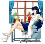  angry blue_eyes blue_hair bread chair desk eating food ghost_(mausuman34) heels high_heels labcoat long_hair sakura_(urusei_yatsura) sitting skirt urusei_yatsura window 