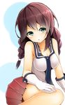  blush braid breasts brown_hair cleavage collarbone gloves green_eyes highres kantai_collection large_breasts long_hair mizushina_minato necktie noshiro_(kantai_collection) open_mouth skirt sleeveless solo twin_braids white_gloves 