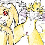  black_sclera breasts chest_tuft claws clitoris darkdoomer dialog digimon female french_text fur gloves hand_on_breast navel nipples patachu pussy red_eyes renamon text translation_request tuft white_fur 