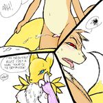  black_sclera blue_eyes breasts chest_tuft cum cum_on_stomach darkdoomer digimon facial_markings female french_text fur male markings nipples open_mouth patachu renamon sweat text tongue tongue_out transformation translation_request tuft white_fur 