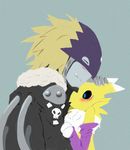  black_nose black_sclera blue_eyes blush chest_tuft digimon eyes_closed fangs fur gloves jacket renamon smile takao-hikari tuft white_fur 