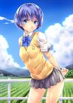  ano_natsu_de_matteru black_skirt blue_bow blue_eyes blue_hair blue_neckwear blue_sky bow bowtie cloud contrapposto day fence field highres looking_at_viewer miniskirt nagayori school_uniform skirt sky standing sweater_vest tanigawa_kanna vest 