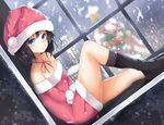  bare_shoulders black_hair blue_eyes blush breasts building christmas_tree cleavage collarbone hat mizushina_minato open_mouth original ribbon santa_costume santa_hat short_hair sitting sleeveless small_breasts snowing solo window 