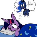  awake bed bedsheets blue_fur blue_hair chest_tuft crown cutie_mark equine female feral friendship_is_magic fur hair horn karpet-shark long_hair mammal multi-colored_hair my_little_pony one_eye_closed open_mouth pillow plain_background princess_luna_(mlp) purple_fur purple_hair text tuft twilight_sparkle_(mlp) two_tone_hair white_background winged_unicorn wings 