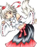  absurdres animal_ears bare_shoulders blush breasts detached_sleeves fang happy hat highres inte_(whitewolftail) inubashiri_momiji looking_at_viewer midriff navel open_mouth red_eyes sarashi short_hair silver_hair simple_background skirt small_breasts solo tail tokin_hat touhou white_background wolf_ears wolf_tail 