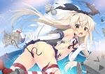  aoi_aruma ass black_panties blonde_hair chestnut_mouth elbow_gloves gloves hairband kantai_collection lifebuoy long_hair open_mouth panties rensouhou-chan shimakaze_(kantai_collection) side-tie_panties skirt striped striped_legwear thighhighs torn_clothes underwear untied white_gloves 