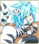  animal_ears armlet ass bad_id bad_pixiv_id blue_hair blurry blush breasts cat_ears chin_rest collar depth_of_field fang furry fuurin_rei highres long_hair looking_back lying medium_breasts on_stomach open_mouth original shikishi sideboob solo striped tail tomoyan_(nyakkoya) traditional_media wristband yellow_eyes 