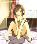  :d ahoge ayataka backlighting bare_shoulders barefoot blush breasts brown_eyes brown_hair cleavage curtains highres indoors medium_breasts off_shoulder on_bed open_mouth original pleated_skirt sitting skirt smile solo sunlight v_arms 