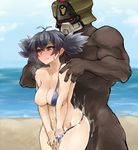  1girl beach bikini black_hair blush breast_slip breasts character_request cum danball_senki danball_senki_wars dark_skinned_male from_behind large_breasts long_hair nipples one_breast_out penis scar sex shinome_akane skj swimsuit wide_hips yellow_eyes 