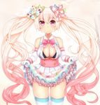  bow bowtie bra breasts cleavage elbow_gloves gloves hair_bow hatsune_miku highres large_breasts long_hair looking_at_viewer moutama o-ring o-ring_top pink_eyes sakura_miku skindentation skirt skirt_hold smile solo striped striped_legwear thighhighs twintails underwear very_long_hair vocaloid 