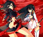  akibotann black_hair blue_eyes hair_ornament hairclip junketsu katana kill_la_kill kiryuuin_satsuki long_hair long_sleeves matoi_ryuuko multicolored_hair multiple_girls red_hair school_uniform scissor_blade senketsu short_hair skirt smile suspenders sword thighhighs two-tone_hair wakizashi weapon 