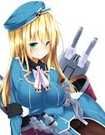  atago_(kantai_collection) blonde_hair breasts cannon fur_trim green_eyes hat highres kantai_collection large_breasts long_hair long_sleeves mizushina_minato pantyhose smile solo turret weapon white_background 