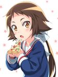  blush brown_eyes brown_hair eating food food_on_face highres holding_pizza long_hair looking_at_viewer michairu mikakunin_de_shinkoukei mitsumine_mashiro open_mouth pizza ponytail school_uniform short_hair_with_long_locks solo star starry_background yellow_eyes 