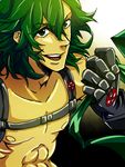  abs blue_eyes gloves green_hair harness kill_la_kill male_focus mask mask_removed nudist_beach_uniform pectorals saion_(akax) sanageyama_uzu smile solo spoilers 