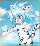  animal_ears bad_id bad_pixiv_id blue_hair fuurin_rei highres long_hair nude open_mouth original outstretched_arms shikishi solo tail tomoyan_(nyakkoya) traditional_media wading yellow_eyes 