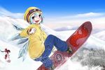  2girls alternate_costume aqua_eyes blue_eyes blue_hair caesar8149 cirno contemporary eyebrows fang goggles hakurei_reimu highres multiple_girls open_mouth snow snowboard snowboarding thick_eyebrows touhou winter_clothes 