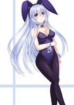  animal_ears bare_shoulders black_legwear blue_hair blush breasts bunny_ears bunnysuit cleavage detached_collar fairy_fencer_f leotard long_hair looking_at_viewer medium_breasts pantyhose pink_eyes sd smile solo standing tiara_(fairy_fencer_f) very_long_hair white_background wrist_cuffs 