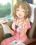  artist_request bag breasts brown_hair cleavage closed_eyes cookie digital_media_player food hair_ornament idolmaster idolmaster_cinderella_girls jewelry large_breasts mimura_kanako necklace official_art pendant sheet_music short_hair smile snack train_interior 