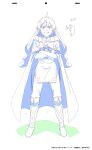  1girl absurdres ahoge angry boots clenched_teeth cloak copyright copyright_name crossed_arms eris_greyrat full_body highres jewelry kay_yu key_frame lineart long_hair looking_at_viewer mushoku_tensei official_art pants production_art ring simple_background sketch solo standing tabard teeth white_background 