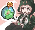  :o backpack bag chirenbo danganronpa expressionless gen_5_pokemon handheld_game_console hood hoodie nanami_chiaki nintendo_3ds pink_eyes pink_hair pokemon simple_background solo solosis speech_bubble stylus super_danganronpa_2 