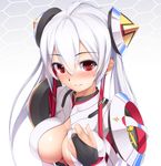  bangs blush breasts cleavage cleavage_cutout eto eyebrows_visible_through_hair hair_ornament large_breasts long_hair looking_at_viewer matoi_(pso2) phantasy_star phantasy_star_online_2 red_eyes silver_hair solo 