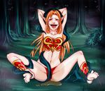  armor barefoot bikini_armor blood_elf blush feet foot_tickling forest grass highres laughing long_hair nature navel orange_hair peeing pointy_ears pussy restrained saliva soles spread_legs tears tentacle tickle_torture tickling toes warcraft world_of_warcraft 