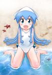  blue_eyes blue_hair hat highres ikamusume long_hair rokushaku_neko shinryaku!_ikamusume sitting starfish swimsuit tentacle_hair wariza water white_swimsuit 