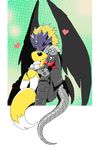  beelzemon black_nose black_sclera blush clothed clothing digimon eyes_closed fangs hug jacket renamon sitting takao-hikari wings 