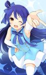  ;d arm_up arm_warmers blue_hair blush from_above hair_ribbon hand_on_hip leg_up long_hair looking_at_viewer love_live! love_live!_school_idol_project one_eye_closed open_mouth ribbon skirt sleeveless smile solo sonoda_umi sparkle standing standing_on_one_leg start:dash!! thighhighs wara_(warapro) yellow_eyes 