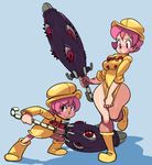  bad_id bad_tumblr_id boots breasts closed_umbrella dual_persona gonzozeppeli hat hungern_(skullgirls) jacket_tug medium_breasts multiple_girls older pink_eyes pink_hair raincoat rubber_boots short_hair skullgirls sweatdrop time_paradox umbrella umbrella_(skullgirls) undersized_clothes wide_hips 