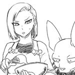  android_18 apron bangs beerus bowl cooking dragon_ball dragon_ball_z earrings greyscale jewelry monochrome short_hair sweatdrop swept_bangs tsukudani_(coke-buta) whisk 