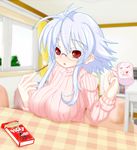  absurdres bad_id bad_pixiv_id breasts food fuurin_rei glasses highres large_breasts long_hair looking_at_viewer original pocky red_eyes solo tomoyan_(nyakkoya) white_hair 
