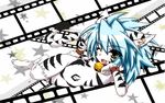  animal_ears bad_id bad_pixiv_id bell blue_hair blush film_strip flat_chest fuurin_rei hand_on_hip jingle_bell long_hair lying one_eye_closed open_mouth original smile solo star tail tomoyan_(nyakkoya) yellow_eyes 