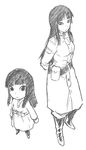  boots dragon_ball dragon_ball_z dragon_ball_z_kami_to_kami dual_persona greyscale hime_cut long_coat long_hair mai_(dragon_ball) monochrome multiple_girls older tsukudani_(coke-buta) uniform younger 