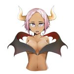 arms_behind_back bad_id bad_pixiv_id breasts covering covering_breasts gaju_(akia73) glasses highres horns large_breasts looking_at_viewer nude original purple_eyes purple_hair short_hair simple_background solo white_background wing_censor wings 