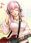  bangs beamed_eighth_notes blush breasts closed_eyes eighth_note electric_guitar eyebrows_visible_through_hair guitar headphones instrument large_breasts long_hair musical_note nabeyaki_udon nitroplus off_shoulder open_mouth pink_hair solo staff_(music) super_sonico 