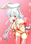 absurdres animal_ears bad_id bad_pixiv_id bent_over blush breasts bunny_ears covered_nipples elbow_gloves fuurin_rei gloves heart highres large_breasts long_hair looking_at_viewer original red_eyes red_legwear smile solo thighhighs tomoyan_(nyakkoya) traditional_media white_hair 