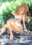  absurdres arm_support bad_id bad_pixiv_id barefoot breasts brown_eyes brown_hair day dress forest hat highres legs long_hair medium_breasts nature original rock see-through sitting sitting_on_rock soaking_feet soyokaze stream sundress tree upskirt water wind wind_lift 