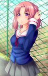  adjusting_hair arios_(orochi_yuta) breasts chain-link_fence fence highres long_sleeves medium_breasts mikakunin_de_shinkoukei parted_lips pink_hair purple_eyes school_uniform skirt two_side_up yonomori_kobeni 