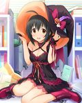  ahoge artist_request black_hair boots bow breasts brown_eyes chair cleavage fangs ghost hat hat_bow hat_feather hat_ornament idolmaster idolmaster_cinderella_girls jack-o'-lantern kohinata_miho medium_breasts office_chair official_art solo witch_hat 