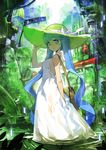  :&lt; blue_eyes blue_hair breasts dress gua hand_on_headwear hat hatsune_miku long_hair looking_back overgrown parted_lips post-apocalypse ruins see-through sideboob small_breasts solo straw_hat sun_hat sundress twintails very_long_hair vocaloid wading wet wet_clothes wet_dress white_dress 