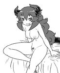  bar_censor breasts censored demon_girl demon_horns demon_tail fang greyscale grin horns large_breasts long_hair maou_beluzel monochrome nipples nude pubic_hair sitting smile solo tail tsukudani_(coke-buta) yuusha_to_maou 
