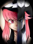  hat highres jakuzure_nonon kill_la_kill kiryuuin_satsuki multiple_girls nabe_(ingenmame) nudist_beach_uniform pink_eyes pink_hair reflection sidelocks skull_print sword weapon 