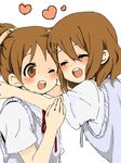  akakokko brown_eyes brown_hair heart hirasawa_ui hirasawa_yui hug k-on! multiple_girls one_eye_closed ponytail siblings smile wince 