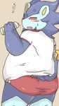  &#12425;&#12435;&#12383;&#12435;&#12385;&#12419;&#12435; ??????? annoyed anthro blush butt chubby clothed clothing feline fur gym_uniform looking_at_viewer looking_back luxray male mammal nintendo obese open_mouth overweight plain_background pok&#233;mon pok&eacute;mon red_sclera shirt solo standing teeth video_games yellow_background yellow_eyes 