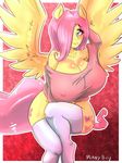  anthro anthrofied big_breasts blue_eyes breasts cleavage clothed clothing cutie_mark equine eyeshdow female fluttershy_(mlp) friendship_is_magic fur group hair horse legwear looking_at_viewer mammal my_little_pony pegasus pink_hair plankboy pony rubber shirt sitting socks solo stockings thigh_highs wings yellow_fur 