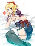 ajishio ayase_eli blonde_hair blue_eyes blush breasts center_opening cleavage garter_straps heart heart_hands large_breasts long_hair love_live! love_live!_school_idol_project mogyutto_&quot;love&quot;_de_sekkin_chuu! open_mouth ponytail smile solo thighhighs 