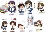  ayanami_(kantai_collection) book chibi food fubuki_(kantai_collection) hair_ornament hair_ribbon hatsuyuki_(kantai_collection) isonami_(kantai_collection) kantai_collection kitakami_(kantai_collection) meat miyuki_(kantai_collection) multiple_girls murakumo_(kantai_collection) ooi_(kantai_collection) pantyhose puchimasu! ribbon school_uniform serafuku shikinami_(kantai_collection) shirayuki_(kantai_collection) thighhighs translated yuureidoushi_(yuurei6214) 