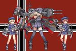  bismarck_(kantai_collection) blonde_hair blue_eyes brown_eyes brown_hair cannon e79 flag full_body grey_legwear hat kantai_collection long_sleeves lowres machinery military multiple_girls open_mouth peaked_cap pixel_art red_background sailor_hat short_hair simple_background standing thighhighs turret weapon z1_leberecht_maass_(kantai_collection) z3_max_schultz_(kantai_collection) zettai_ryouiki 